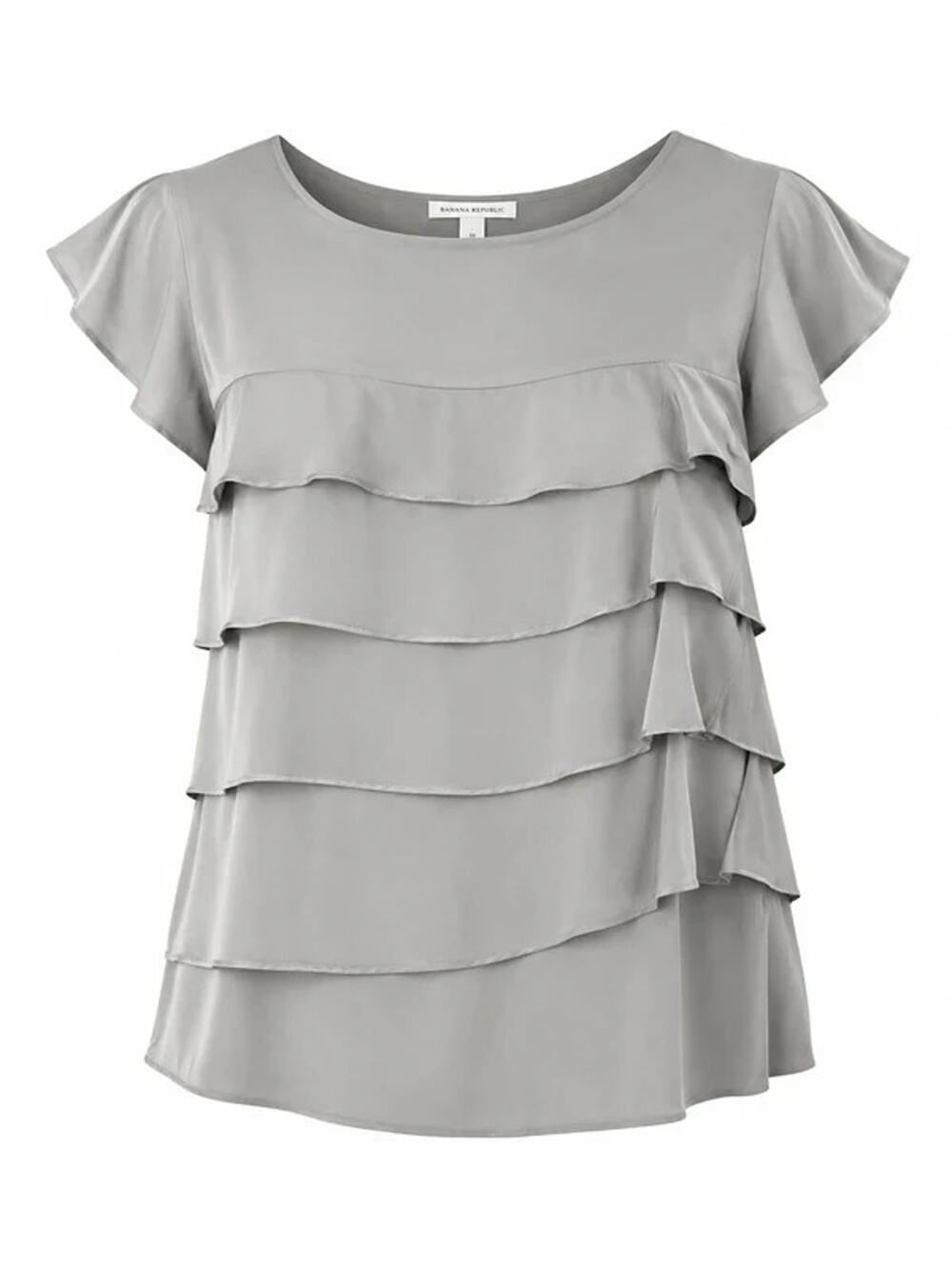 Banana Republic 100% Silk Tiered Ruffle Top Blouse Short Sleeve Gray-Size Large